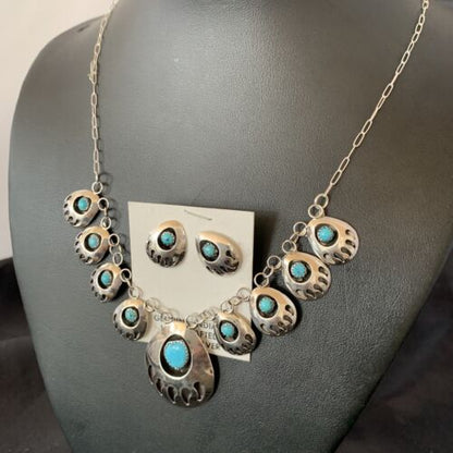 Navajo Blue Turquoise Bear Paw Shadow Box Necklace & Earring Set | Sterling Silver | Authentic Native American Handmade | 17466