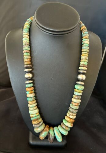 Navajo Green Turquoise Graduated Necklace | Sterling Silver Pearls | Authentic Native American | 21" | 17004