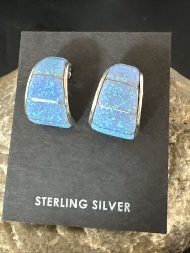 Navajo Blue Opal Inlay Post Earrings | Sterling Silver | Authentic Native American Handmade | 16949