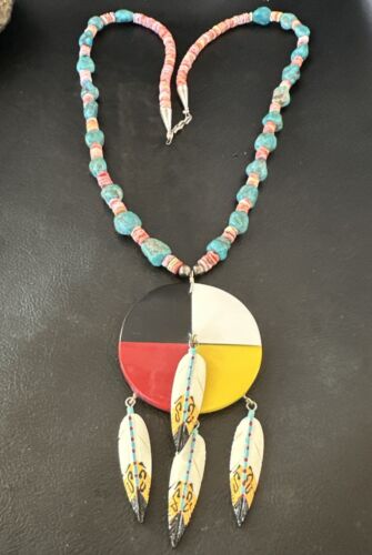Santo Domingo Multicolor Spiny Inlay Feather Pendant Necklace | Sterling Silver | 24" | 16856