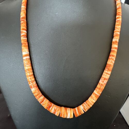 Graduated Orange Spiny Oyster Navajo Sterling Silver Necklace 16264