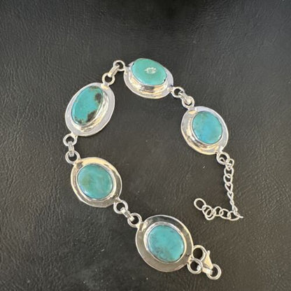 Navajo Blue Turquoise Link Bracelet | Sterling Silver | 8" | Authentic Native American Handmade | 15477