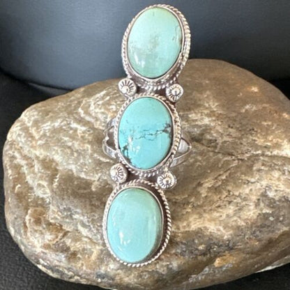 Navajo Blue Dry Creek Turquoise Multi-Stone Ring | Authentic Native American Sterling Silver | Sz 10 | 16731