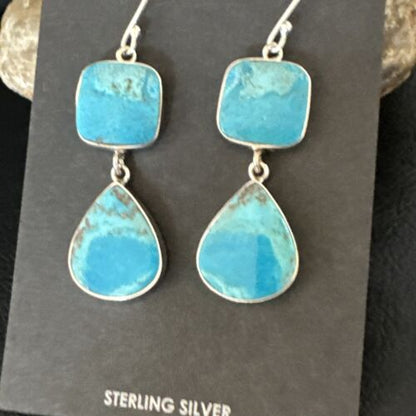 Navajo Blue Kingman Turquoise Dangle Earrings | Sterling Silver | Authentic Native American Handmade | 15105