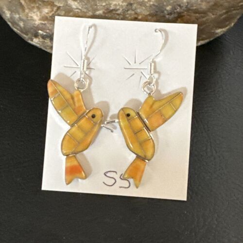Navajo Orange Spiny Oyster Hummingbird Dangle Earrings | Sterling Silver | Authentic Native American Handmade | 15089