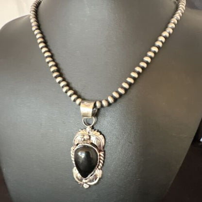 Native American Men's Pendant | Navajo Pearls | Sterling Silver Black Onyx Necklace | 16132