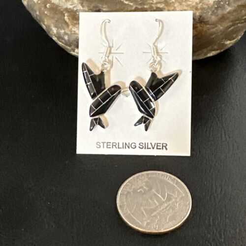 Navajo Black Onyx Hummingbird Earrings | Sterling Silver | 1" | Authentic Native American Handmade | 15090