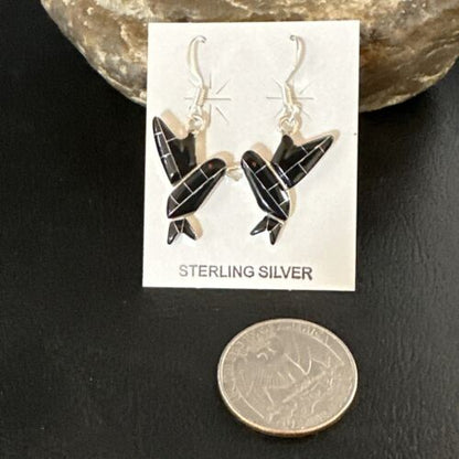 Navajo Black Onyx Hummingbird Earrings | Sterling Silver | 1" | Authentic Native American Handmade | 15090