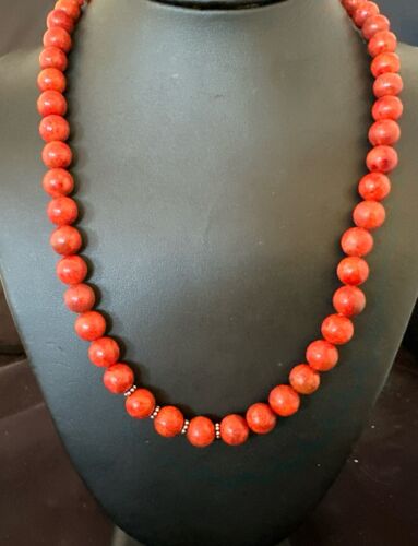 Navajo Apple Sponge Coral Bead Necklace | 10mm | Sterling Silver | 21" | Authentic Native American Handmade | 16817