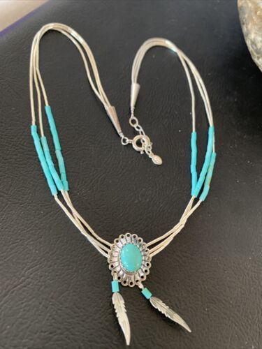 Girls Turquoise Liquid Heishi Necklace | 3-Strand Sterling Silver with Feather Pendant | 02049