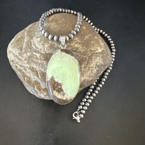 Navajo Green Gaspeite Pendant Necklace | Sterling Silver | Authentic Native American Handmade | 15486