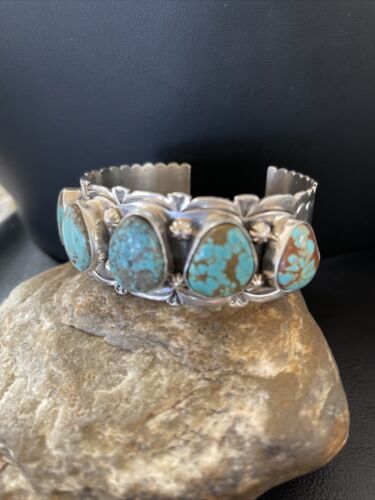 Navajo Blue #8 Turquoise Cuff Bracelet | Sterling Silver | 5 Stones | Authentic Native American Handmade | 1884