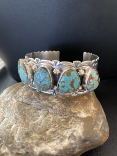 Navajo Blue #8 Turquoise Cuff Bracelet | Sterling Silver | 5 Stones | Authentic Native American Handmade | 01884