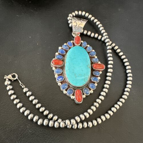 Navajo Blue Kingman Turquoise Coral Lapis Pendant Necklace | Sterling Silver | 17150