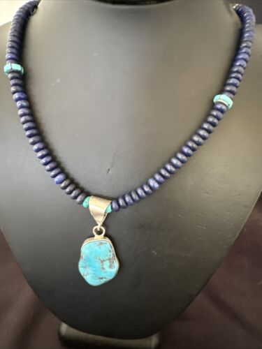 Navajo Lapis Turquoise Pendant Necklace | Sterling Silver | Authentic Native American Handmade | 17434