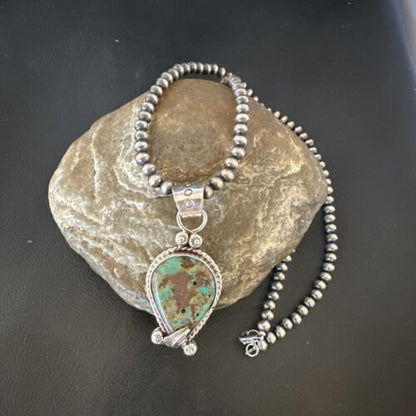 Navajo Blue Turquoise Pendant Necklace | Sterling Silver Pearls | Authentic Native American Handmade | 15654