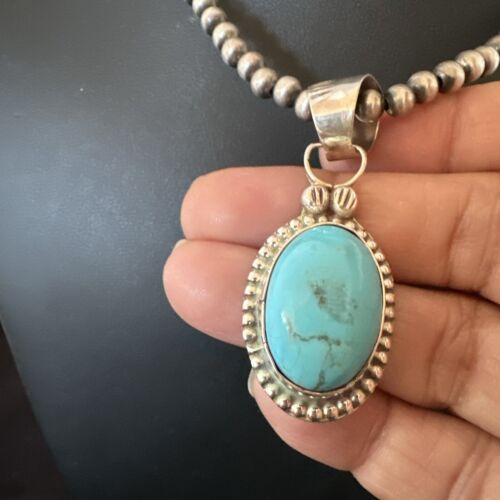 Navajo Pearls Kingman Turquoise Pendant Necklace | Sterling Silver | Authentic Native American Handmade | 17134