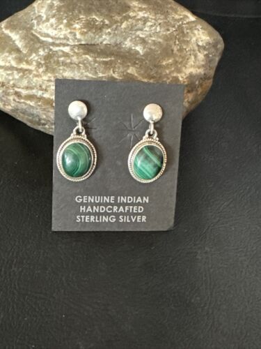 Navajo Green Malachite Dangle Earrings | Sterling Silver | Authentic Native American Handmade | 14922