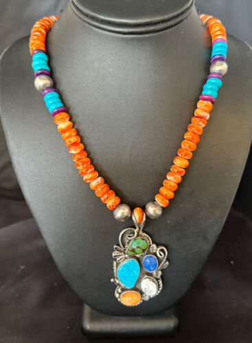 Navajo Blue Turquoise Spiny Oyster Pendant | Sterling Silver Bead Necklace | Multi-Stone | 15058