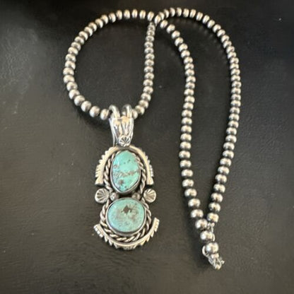 Navajo Blue Kingman Turquoise 2 Stone Cluster Pendant | Sterling Silver | Authentic Native American Handmade | 17634