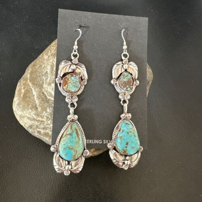 Navajo Blue Turquoise #8 Dangle Earrings | Sterling Silver | Authentic Native American Handmade | 16909