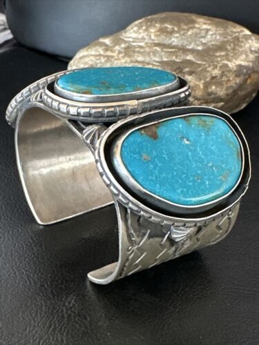 XL Men's Kingman Turquoise 3 Stone Cuff Bracelet | Navajo Sterling Silver | Authentic Native American Handmade | 15851
