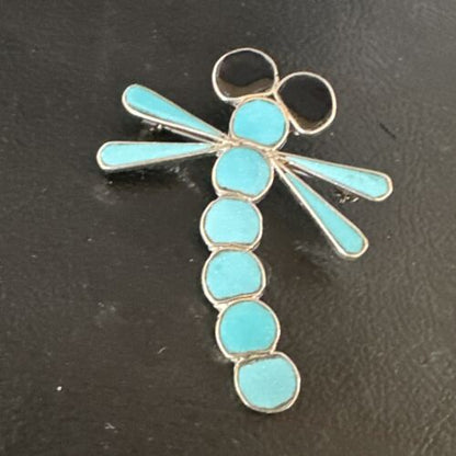 Navajo Blue Kingman Turquoise Dragonfly Inlay Pin Pendant | Sterling Silver | Authentic Native American Handmade | 15169