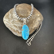 Navajo Blue Kingman Turquoise Pendant with Pearls | Sterling Silver Necklace | 20" | 16993