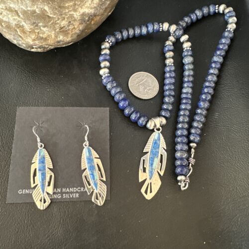 Navajo Opal Feather Multi-Color Lapis Pendant Necklace & Earring Set | Sterling Silver | Authentic Native American Handmade | 15031