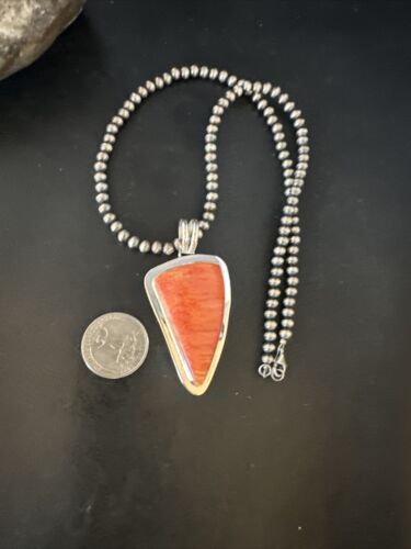 Navajo Pearls Red Spiny Oyster Necklace Pendant | Sterling Silver | Authentic Native American Handmade | 15002