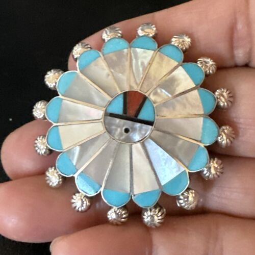 Zuni Sunface Inlay Turquoise Mother of Pearl Pin Pendant | Sterling Silver | Authentic Native American Handmade | 15208