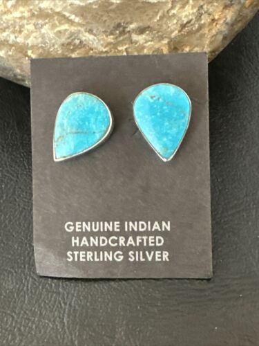 Navajo Blue Kingman Turquoise Post Stud Earrings | Sterling Silver | Authentic Native American Handmade | 17408