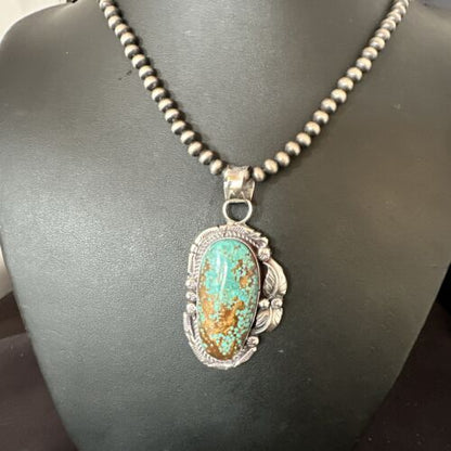 Navajo Blue Turquoise #8 Pendant | Sterling Silver Necklace with Pearls | Authentic Native American Handmade | 15903