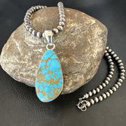 Navajo Blue Kingman Turquoise Pendant Necklace | Sterling Silver Pearls | 20" | Authentic Native American Handmade | 16673