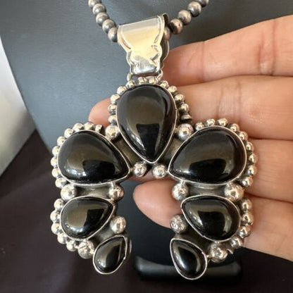 Men's Black Onyx Naja Pendant Necklace | Navajo Pearls | Sterling Silver | Authentic Native American Handmade | 16102