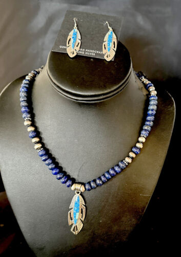 Navajo Opal Feather Multi-Color Lapis Pendant Necklace & Earring Set | Sterling Silver | Authentic Native American Handmade | 15031