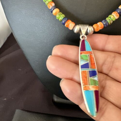 Navajo Lapis Spiny Oyster Turquoise Inlay Pendant Necklace | Sterling Silver | 21" | Authentic Native American Handmade | 16626