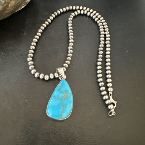 Navajo Blue Kingman Turquoise Pendant with Pearls | Sterling Silver Necklace | 20" | 16702