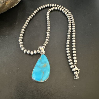 Navajo Blue Kingman Turquoise Pendant with Pearls | Sterling Silver Necklace | 20" | 16702