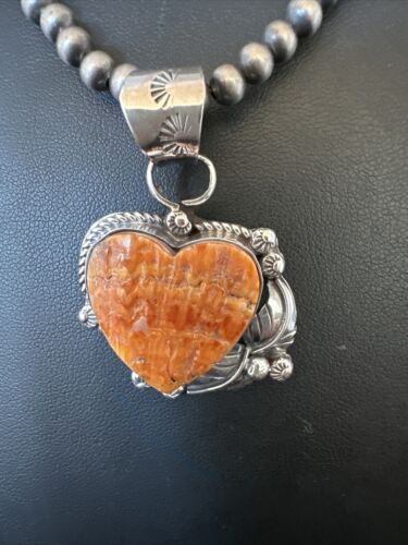 Navajo Orange Spiny Oyster Heart Pendant Necklace | Sterling Silver | Authentic Native American Handmade | 16422