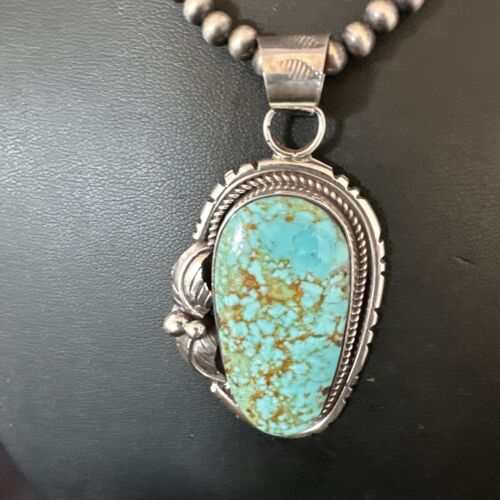 Navajo Blue Turquoise #8 Pendant Necklace | Sterling Silver Pearls | Authentic Native American Handmade | 15905
