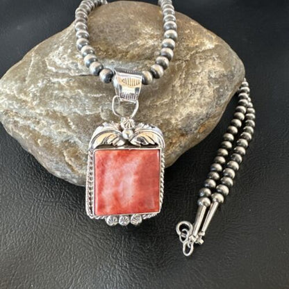 Navajo Red Spiny Oyster Pendant Necklace | Sterling Silver | Authentic Native American Handmade | 16147