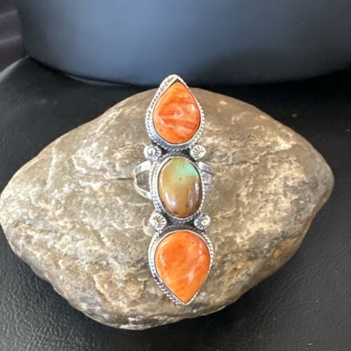 Navajo Green Turquoise Spiny Oyster Multi-Stone Ring | Authentic Native American Sterling Silver | Sz 9.5 | 16715