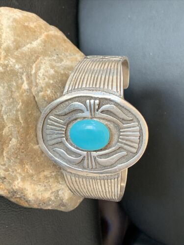 Navajo Blue Kingman Turquoise Cuff Bracelet | Sterling Silver | Authentic Native American Handmade | 1654