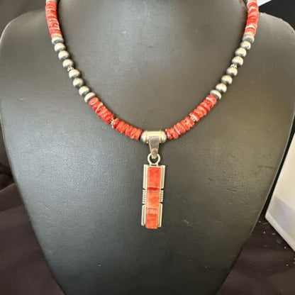 Navajo Red Spiny Oyster Pendant Necklace | Sterling Silver Inlay | Authentic Native American Handmade | 16884