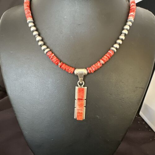 Navajo Red Spiny Oyster Pendant Necklace | Sterling Silver Inlay | Authentic Native American Handmade | 16884
