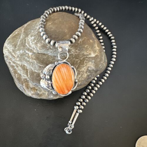 Navajo Orange Spiny Oyster Pendant Necklace | Sterling Silver | Authentic Native American Handmade | 15629