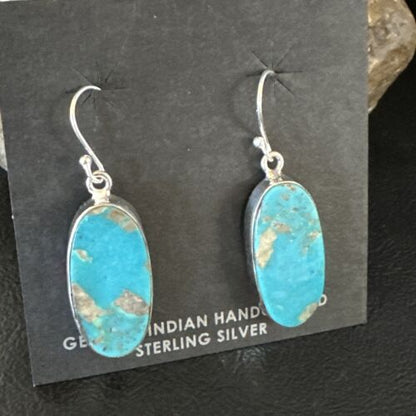 Navajo Blue Turquoise Dangle Earrings | Sterling Silver | Authentic Native American Handmade | 15432