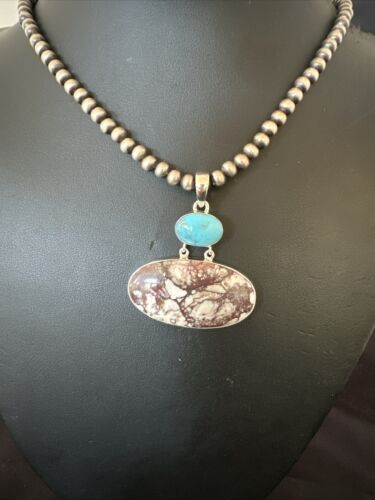 Navajo Wild Horse | Blue Kingman Turquoise Necklace | Sterling Silver | Authentic Native American Handmade | 17307