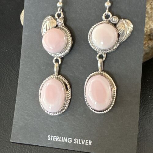 Navajo Pink Conch Shell Dangle Earrings | Sterling Silver | Authentic Native American Handmade | 17195